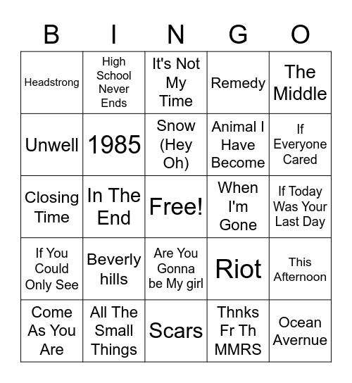 90s - 2000s Rock Hits Bingo Card