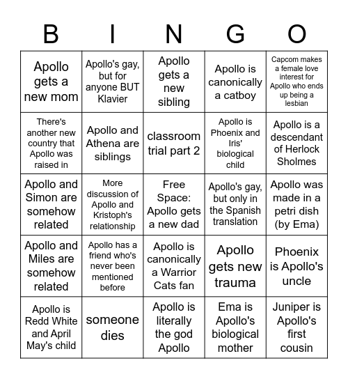 Apollo Backstory Bingo Card