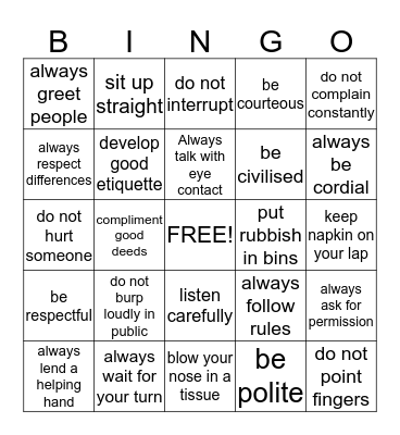Manners Bingo Card