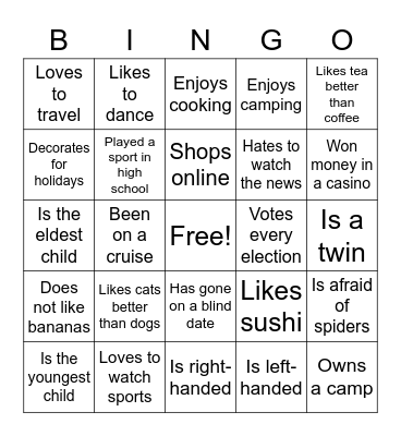 Getting to Know You! Bingo Card