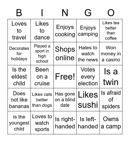 Getting to Know You! Bingo Card