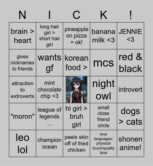 nick bingo o.o Bingo Card