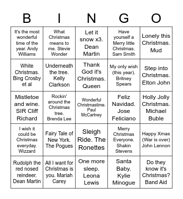 Christmas Songs Bingo Card