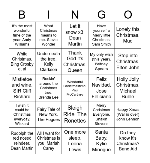 Christmas Songs Bingo Card