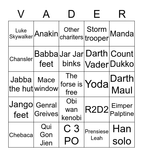 Star wars Bingo Card