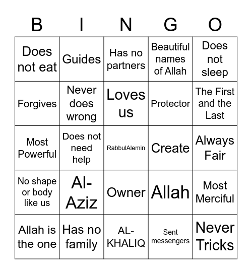 Allah Bingo Card