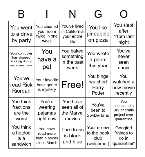 Book Club Bingo Card