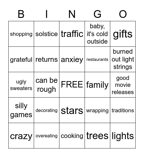 Holidays Bingo Card