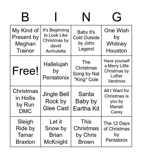 Christmas Song Bingo Card