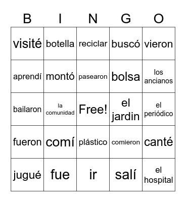 Spanish (preterito) Bingo Card