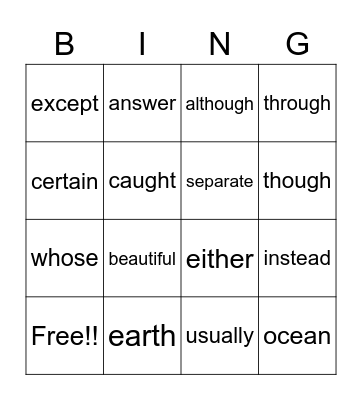 Sight Word set 5 Bingo Card