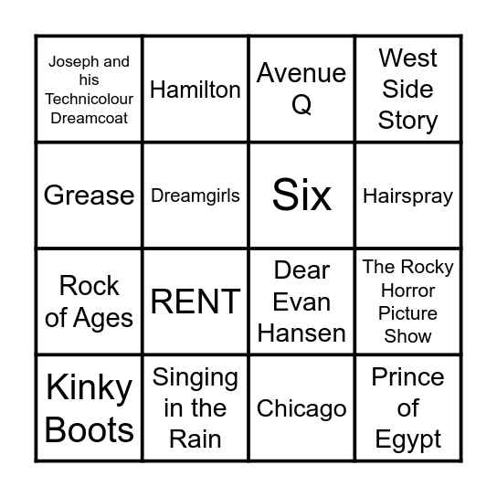 Musicals Bingo Card
