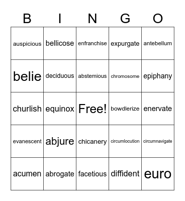 Vocabulary A-F Bingo Card