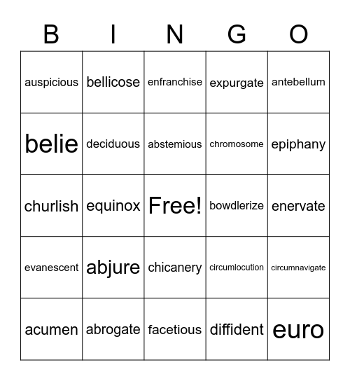 Vocabulary A-F Bingo Card