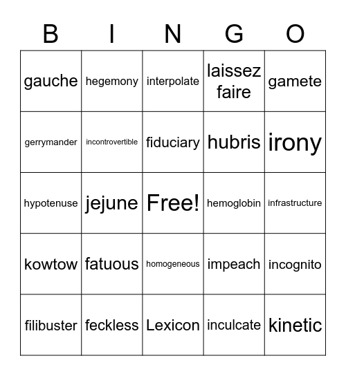 Vocabulary Bingo F - L Bingo Card