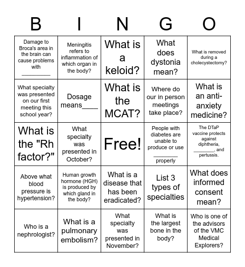 Medicine Bingo Card