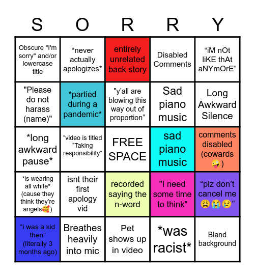 Celeb Apology Video Bingo Card