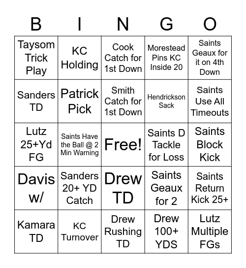 Saints Vs. Chiefs Bingo Card