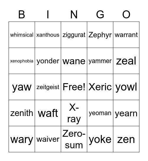 Vocabulary Bingo W-Z Bingo Card