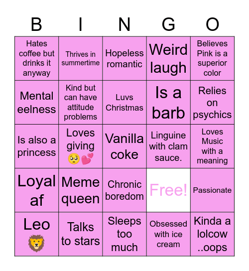 Sarah Bingo Card