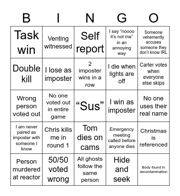 Among Us Bingo Card