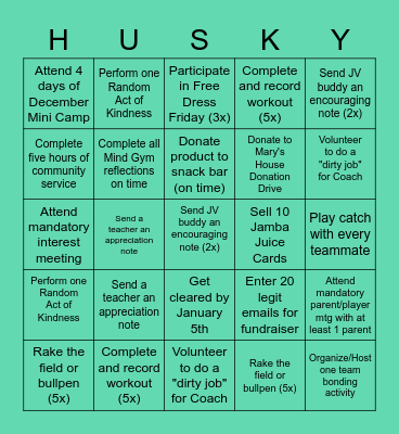 Husky Softball Bingo Card