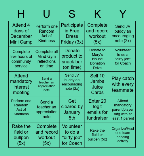 Husky Softball Bingo Card