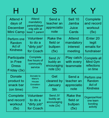 Husky Softball Bingo Card