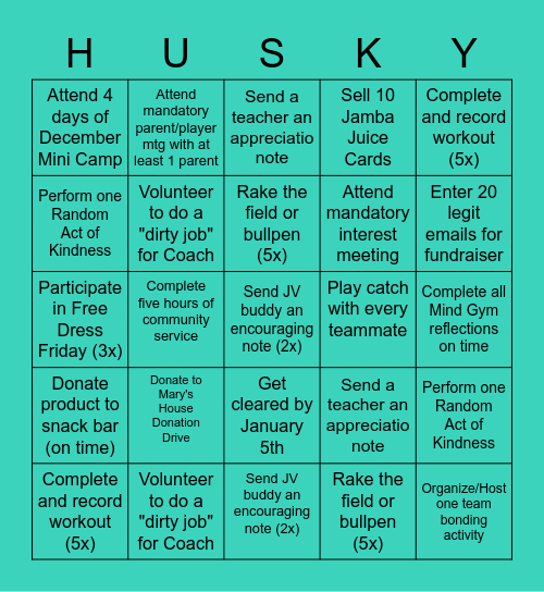 Husky Softball Bingo Card