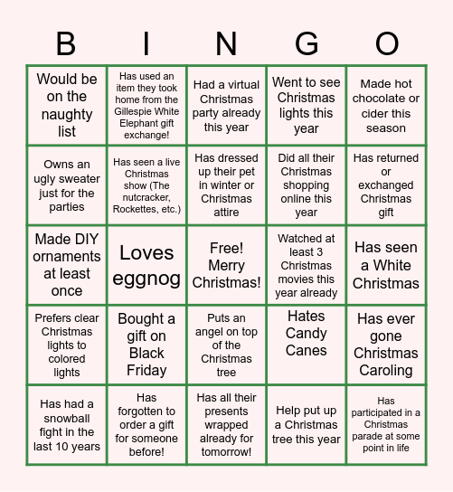 Gillespie Christmas Bingo 2020 Bingo Card