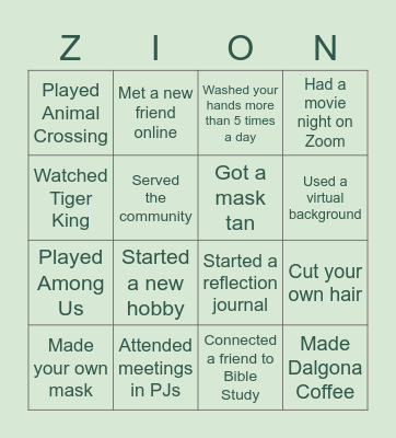 Quarantine Bingo Card