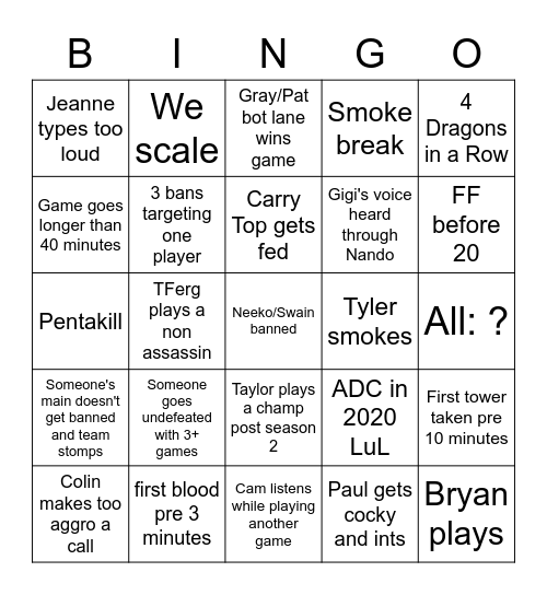 League 10 Man Bingo Card