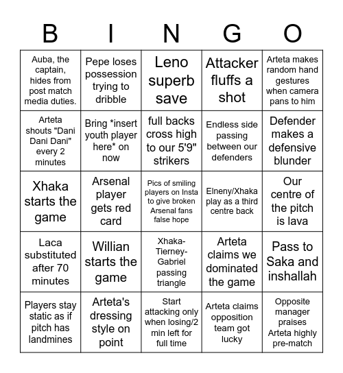 Arsenal Bingo Card