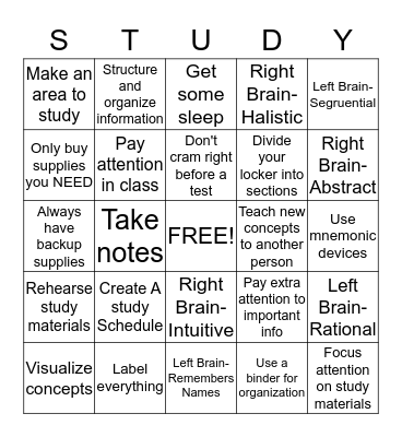 Study Skills Bingo! Bingo Card