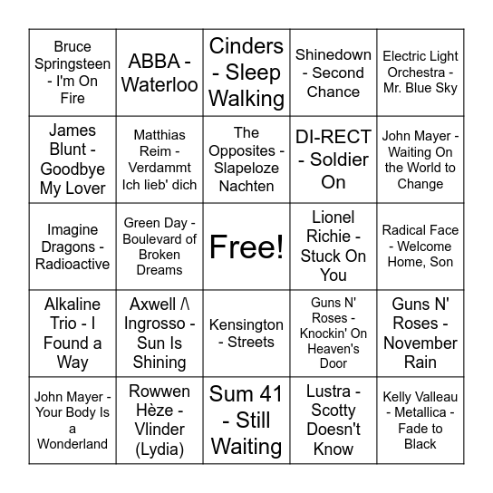 Top 2000 Bingo Card