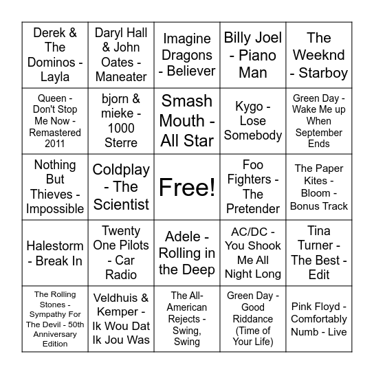 Top 2000 Bingo Card