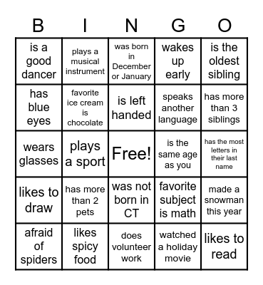 Human Bingo - Winter Bingo Card
