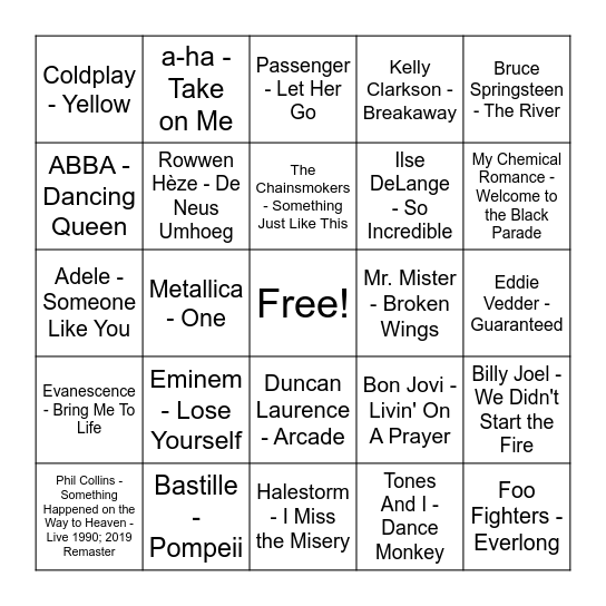 Top 2000 Bingo Card