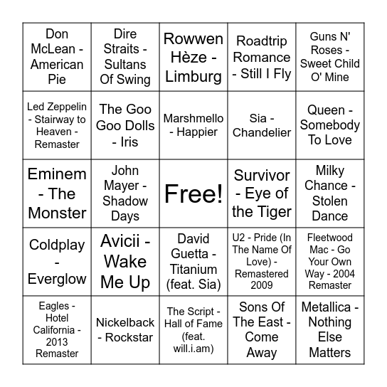 Top 2000 Bingo Card