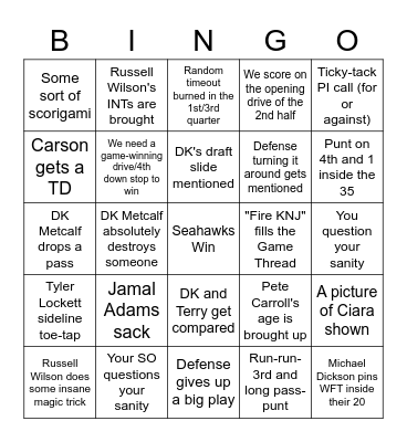 Seahawks Bingo Card