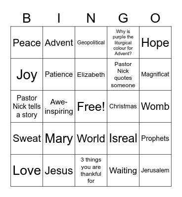 Sermon Bingo - Fourth Sunday of Advent Bingo Card