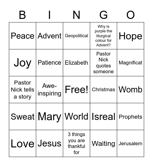 Sermon Bingo - Fourth Sunday of Advent Bingo Card