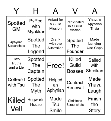 Aphyria Spirit Week Bingo Card
