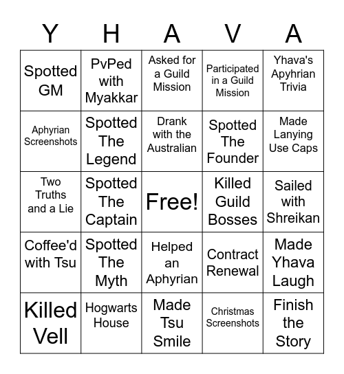 Aphyria Spirit Week Bingo Card