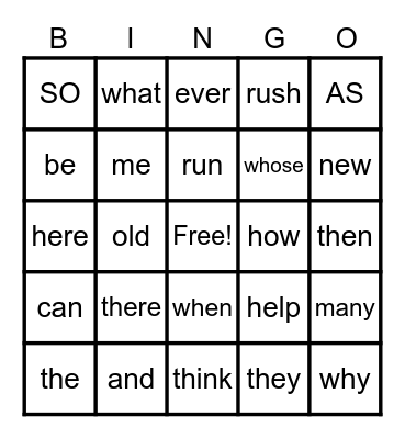 Sight Words Bingo Card