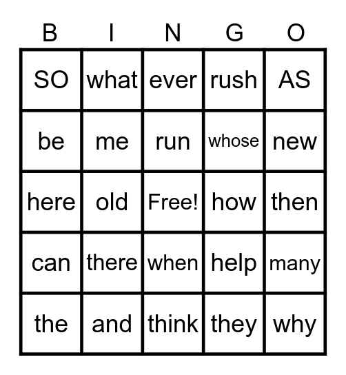 Sight Words Bingo Card