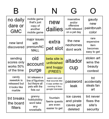 neopets 2021 bingo Card