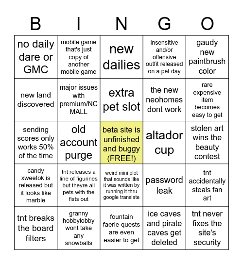 neopets 2021 bingo Card