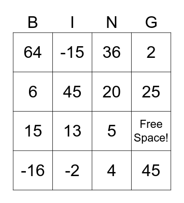 Solving Equations Bingo Card