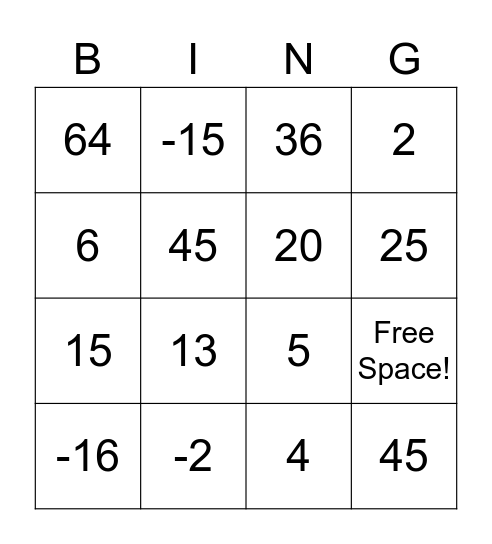 Solving Equations Bingo Card